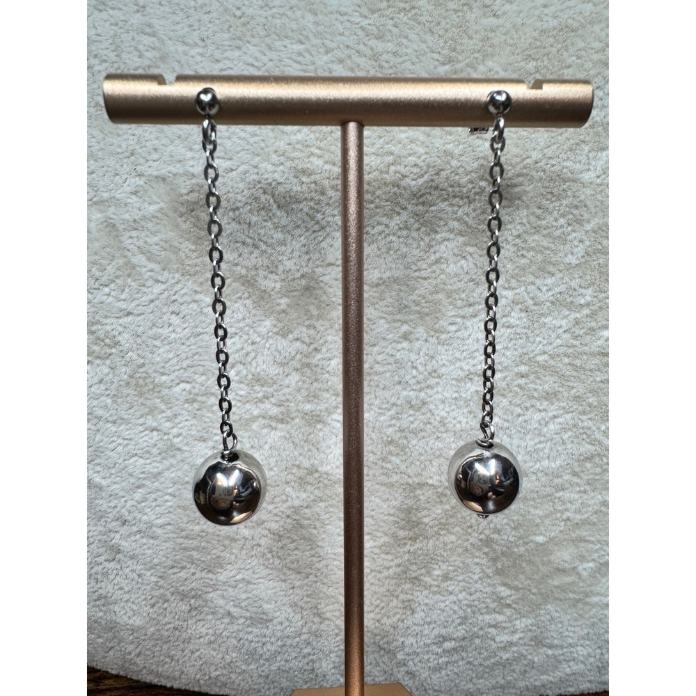Vintage Y2K Italy 925 Sterling Silver Ball Drop Chain Earrings Dangle 2" Shiny